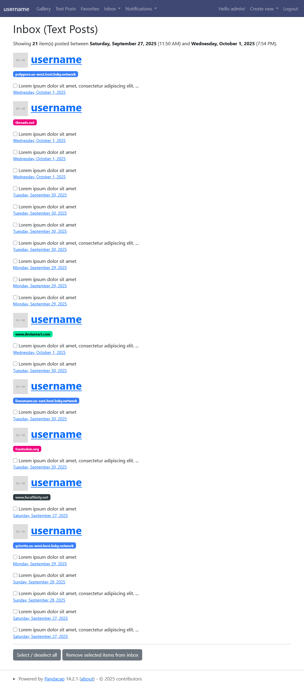 Lists of linked post titles, grouped by user (with
                avatar and username in a heading), with checkboxes to
                remove each